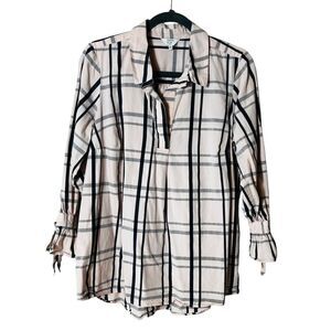 Crown & Ivy Curvy Pink Plaid V‎ Neck Blouse Tie Sleeve Cotton Size 0X Pre-Owned